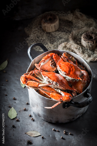 Homemade crab with allspice and bay leaf in metal pot
