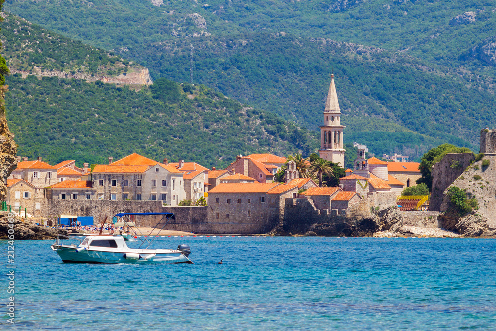 View on the old city Budva at Adriatic sea coastline, Montenegro. summer seascape background