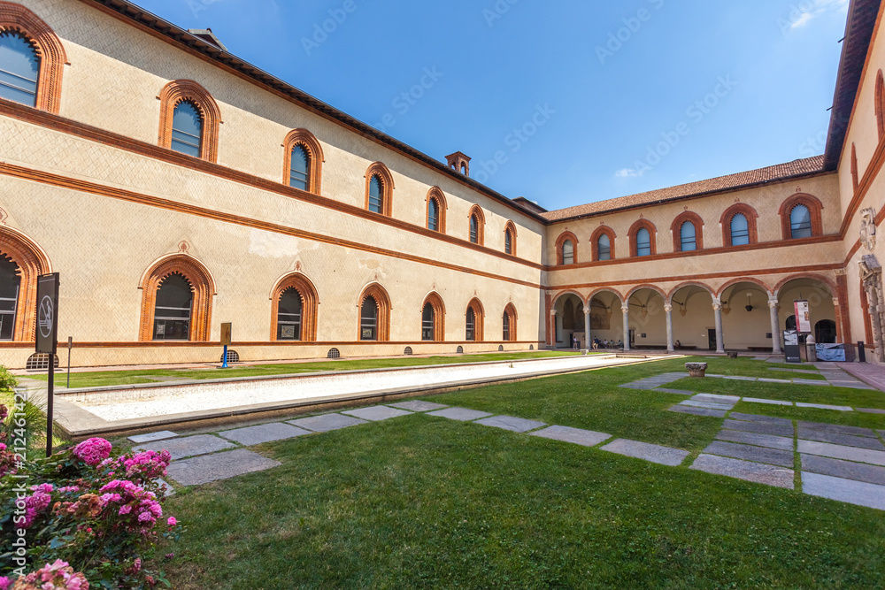 Inside of the internal courtyard of Sforza Castle, Milan, Italy