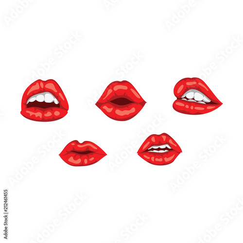 Red woman lips with smile. Sensual female mouth with white toothed smile vector icon. Beautiful woman lips with red lipstick isolated on white background.