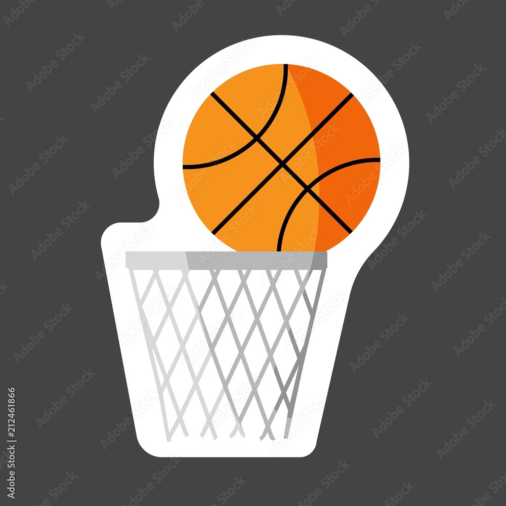 Vector icon game of basketball. The ball flies into the basket  colored sticker. Layers grouped for easy editing illustration. For your design.