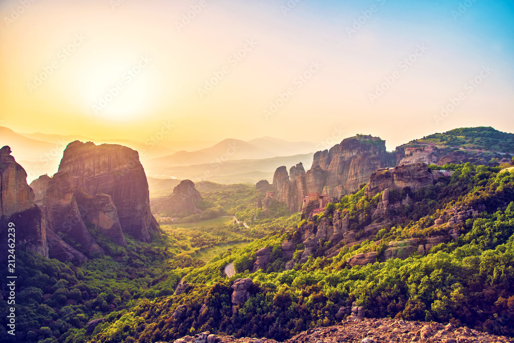 magnificent magical landscape in the famous valley of the Meteora rocks in Greece at susnet. Great amazing world. Attractions.