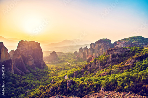 Obraz na płótnie magnificent magical landscape in the famous valley of the Meteora rocks in Greece at susnet. Great amazing world. Attractions. w salonie
