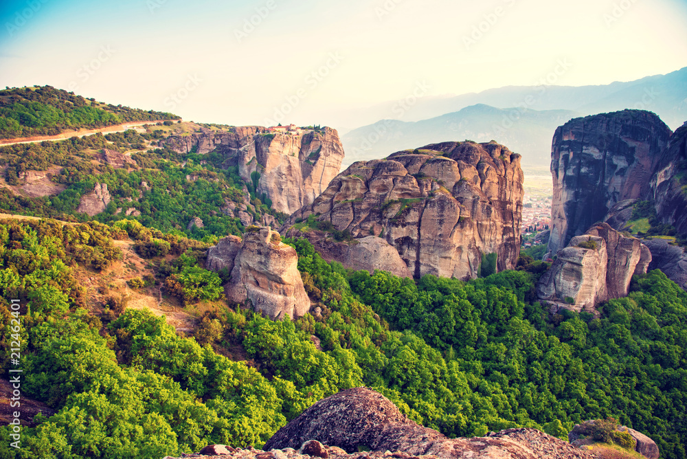 magnificent magical landscape in the famous valley of the Meteora rocks in Greece. Great amazing world. Attractions.