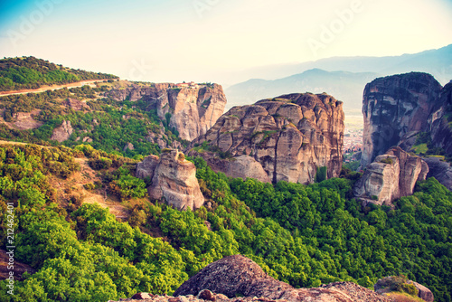 magnificent magical landscape in the famous valley of the Meteora rocks in Greece. Great amazing world. Attractions.