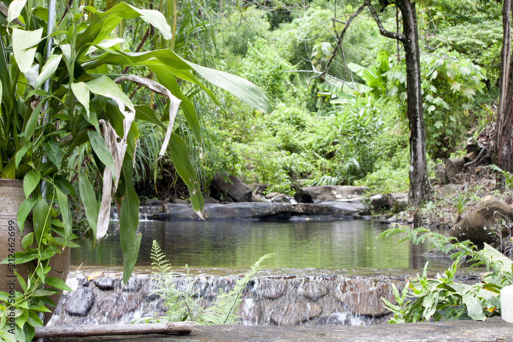 Mini waterfall in resort at forest caused by the dam. Mini waterfall in resort at forest caused by the dam.