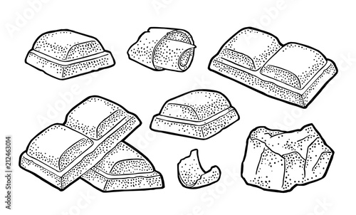 Chocolate piece, bar and shave. Vector vintage black engraving