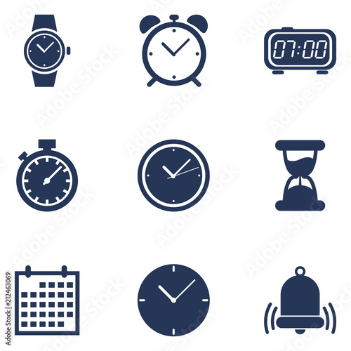 Vector Set of Dark Blue Silhouette Time Icons.