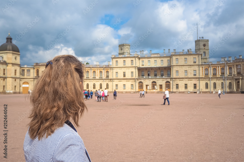 Tourists at the ancient Palace in Gatchina. Travel concept.