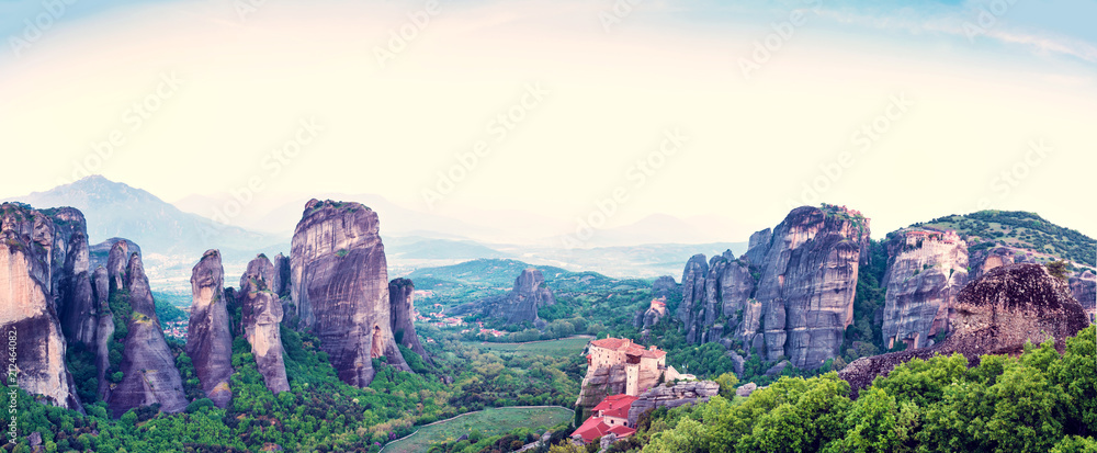 magnificent magical landscape in the famous valley of the Meteora rocks in Greece. Great amazing world. Attractions.