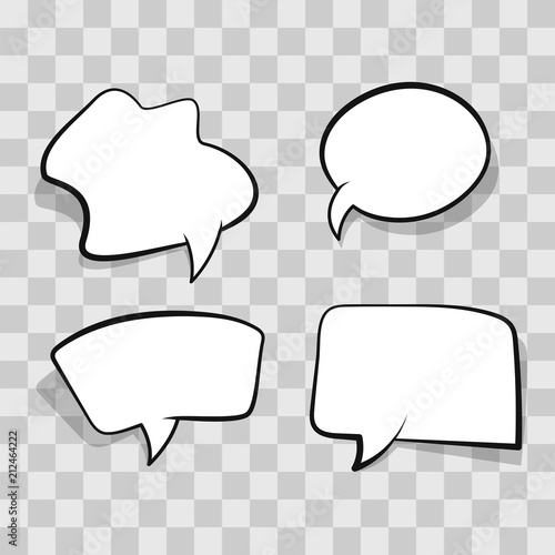 White comic speech bubble isolated on transparent background. Set empty speech bubble, cloud comic template on clear background. Cartoon comic vector illustration in pop art retro style.