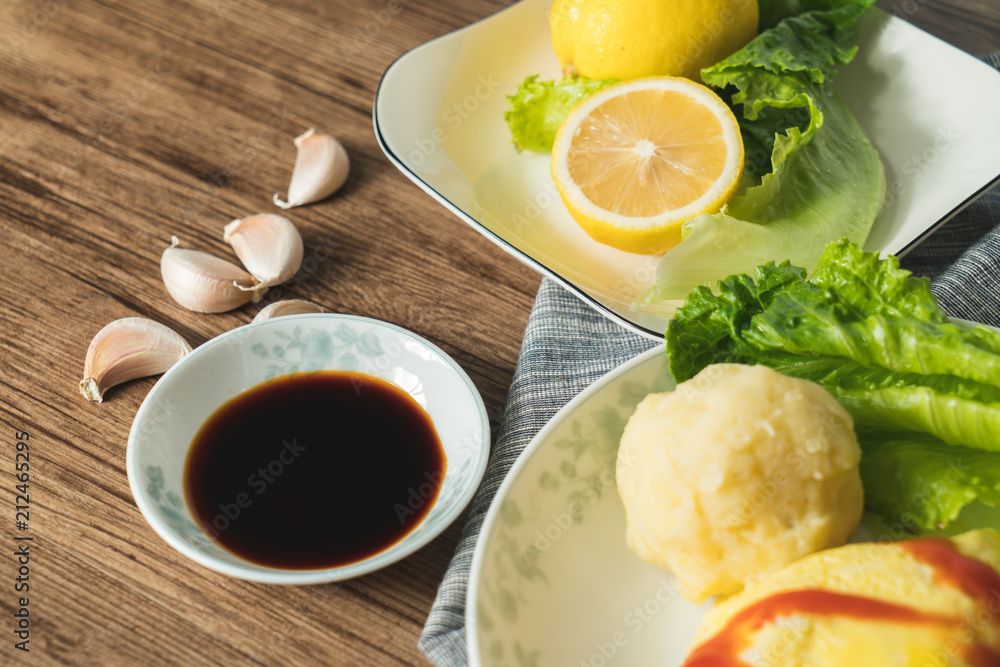 Egg-covered rice with textured background Egg-covered rice with textured background