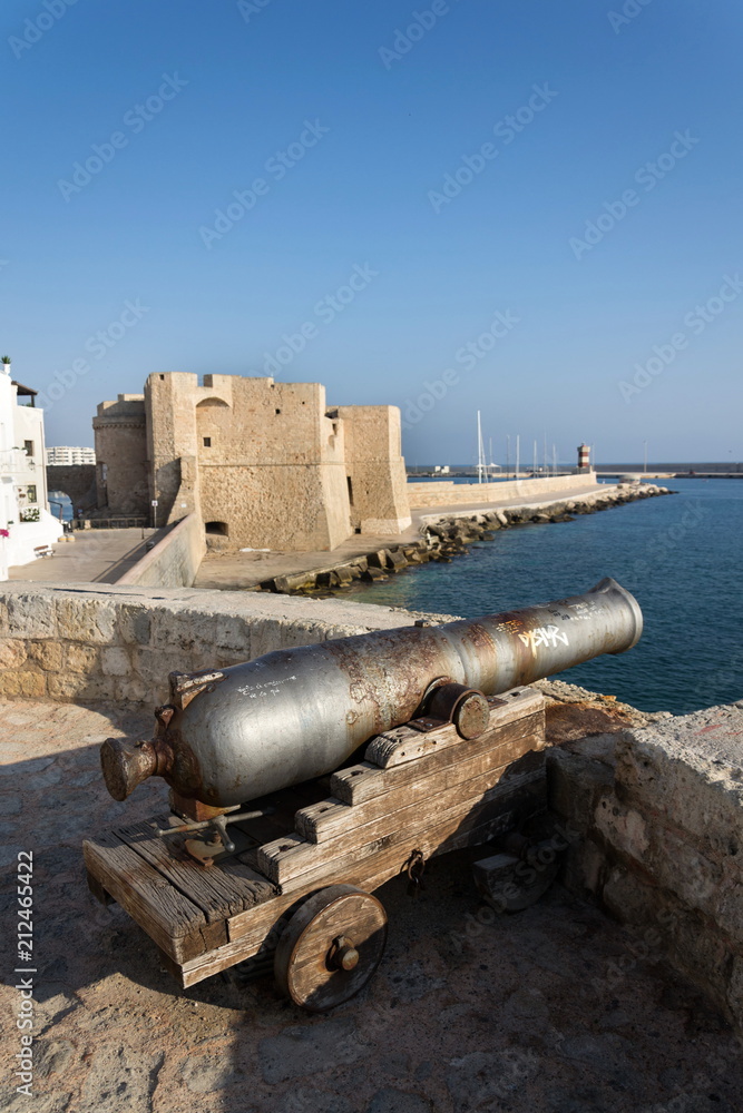 Artillery cannon gun in front of Carlo V Castle in port Monopoli, Apulia, Bari province, Italy