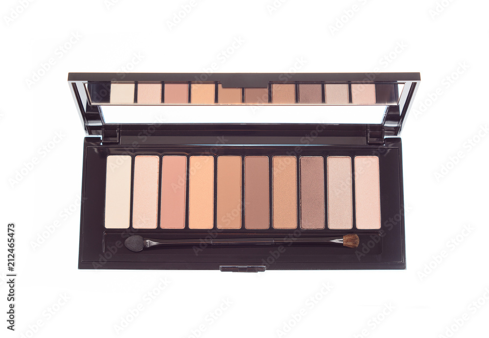 Fotka „Open new eyeshadow colorful vivid palette. Cosmetics kit for eyes  makeup. Gloss and matte tints in one box isolated on white background.  Brown yellow nude color shades. View from top“ ze