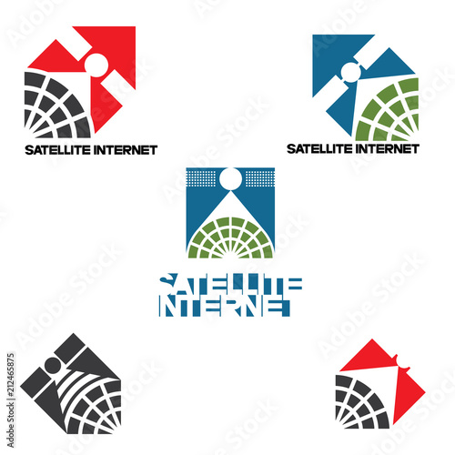 
Illustration consisting of four images in the form of a logotype of a satellite with a globe
