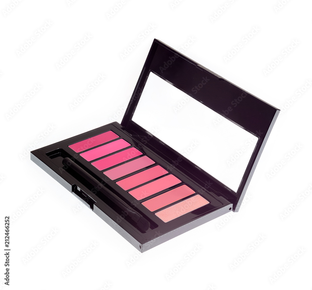 Open new lipstick colorful vivid palette. Cosmetics kit for lip makeup. Lip gloss and balm in one box isolated on white background. Red pink nude color selection. Side view