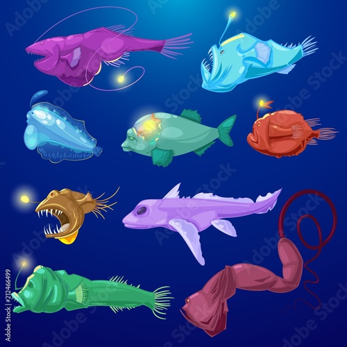 Angler fish vector seafish predator character with teeth and light or cartoon sea-angler undersea in tropical wildlife illustration set of exotic deep fish in ocean isolated on background