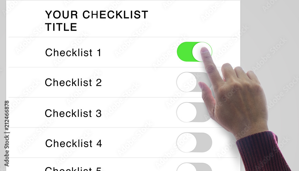 Hand toggles a checklist to On state on a blank virtual on-screen checklist mock up for text or labels input.