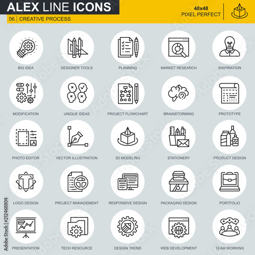 Thin line creative process and project workflow icons set for website and mobile site and apps. Contains such Icons as Inspiration, Big Idea. 48x48 Pixel Perfect. Editable Stroke. Vector illustration.