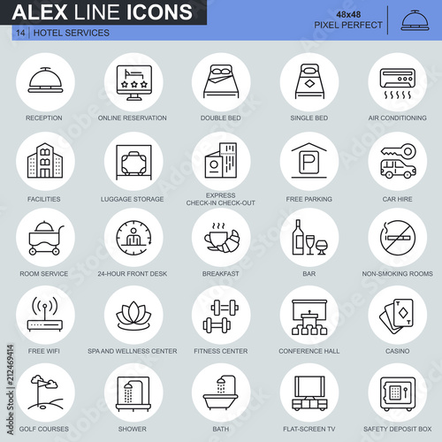 Thin line hotel services and facilities, online booking icons set for website and mobile site apps. Contains such Icons as Reception, Bar. 48x48 Pixel Perfect. Editable Stroke. Vector illustration.