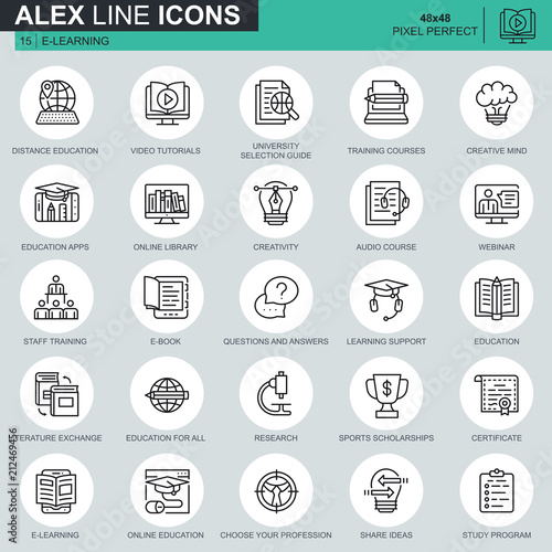 Thin line online education, e-learning, e-book icons set for website and mobile site and apps. Contains such Icons as Book, Library, Webinar. 48x48 Pixel Perfect. Editable Stroke. Vector illustration.