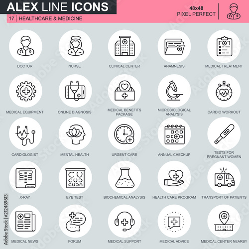 Thin line healthcare and medicine, hospital services icons set for website and mobile site and apps. Contains such Icons as Doctor, Nurse. 48x48 Pixel Perfect. Editable Stroke. Vector illustration.