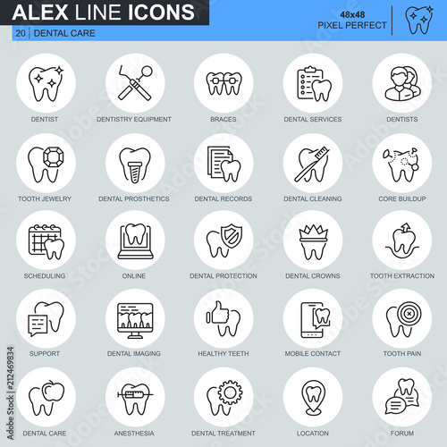 Thin line dental care, dentistry equipment, hygiene icons set for website and mobile site and apps. Contains such Icons as Dentist, Braces. 48x48 Pixel Perfect. Editable Stroke. Vector illustration.