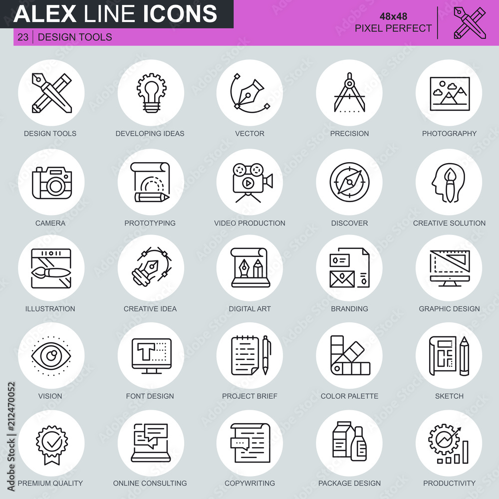 Thin line design tools icons set for website and mobile site and apps. Contains such Icons as Creative, Developing, Precision, Vision. 48x48 Pixel Perfect. Editable Stroke. Vector illustration.