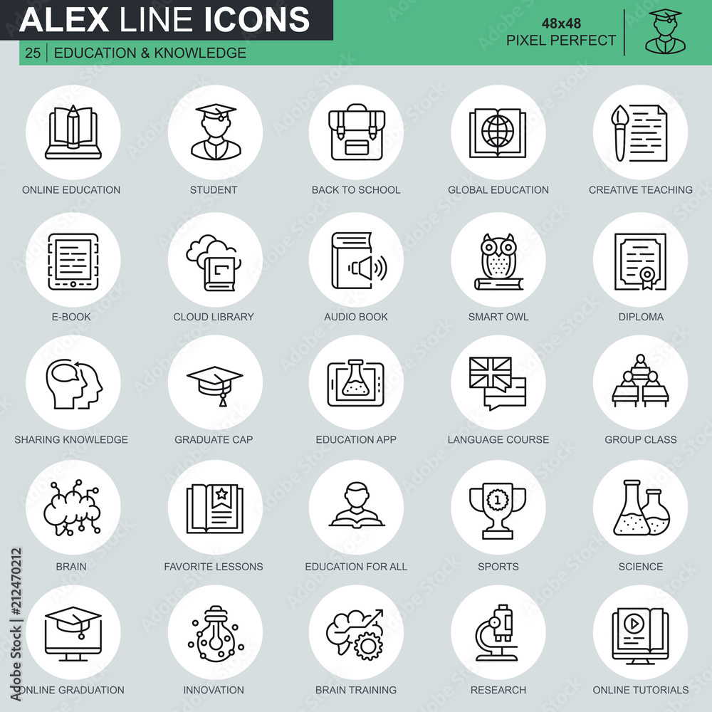 Thin line education and knowledge icons set for website and mobile site and apps. Contains such Icons as Studying, School, Graduation. 48x48 Pixel Perfect. Editable Stroke. Vector illustration. Thin line education and knowledge icons set for website and mobile site and apps. Contains such Icons as Studying, School, Graduation. 48x48 Pixel Perfect. Editable Stroke. Vector illustration.