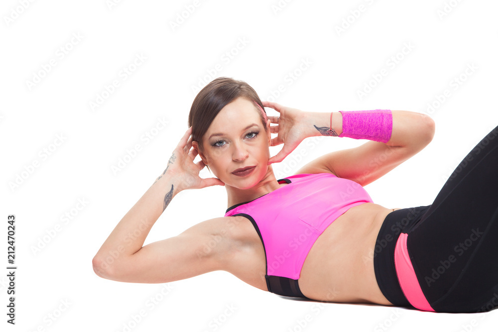 one woman exercising workout fitness aerobic exercise abdominal push ups posture on studio isolated white background. one woman exercising workout fitness aerobic exercise abdominal push ups posture on studio isolated white background.