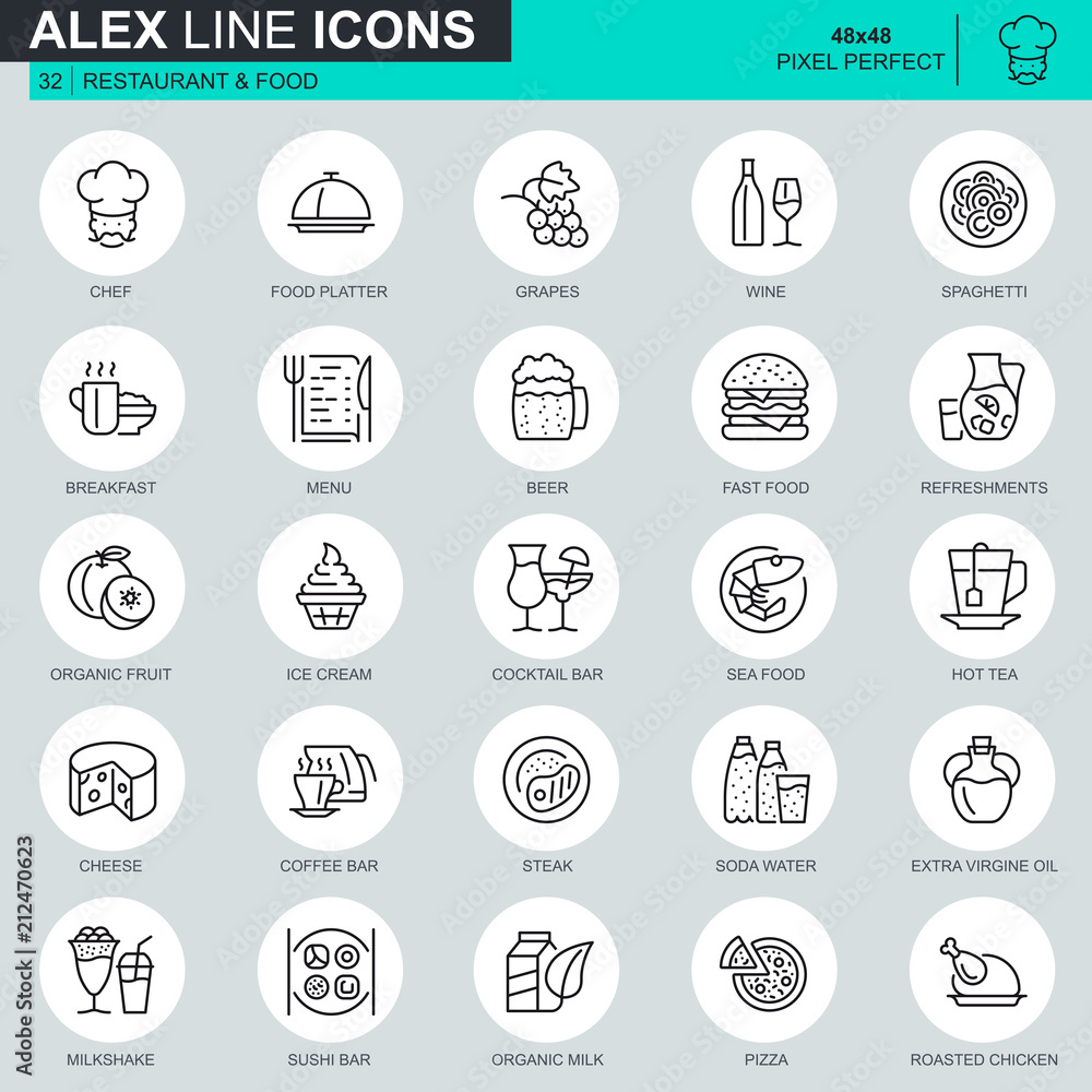 Thin line restaurant and food icons set for website and mobile site and apps. Contains such Icons as Fast Food, Menu, Organic Fruit, Bar. 48x48 Pixel Perfect. Editable Stroke. Vector illustration. Thin line restaurant and food icons set for website and mobile site and apps. Contains such Icons as Fast Food, Menu, Organic Fruit, Bar. 48x48 Pixel Perfect. Editable Stroke. Vector illustration.