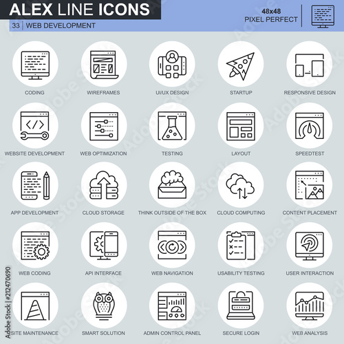 Thin line web design and development icons set for website and mobile site and apps. Contains such Icons as Coding, Mobile App, Usability. 48x48 Pixel Perfect. Editable Stroke. Vector illustration.
