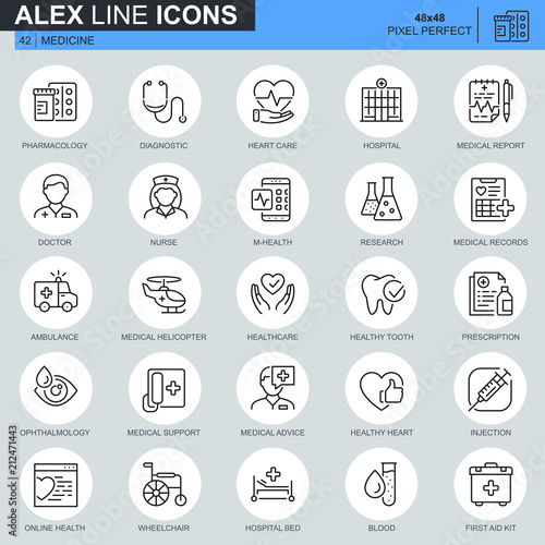 Thin line healthcare and medical icons set for website and mobile site and apps. Contains such Icons as Ambulance, Research, Hospital. 48x48 Pixel Perfect. Editable Stroke. Vector illustration.