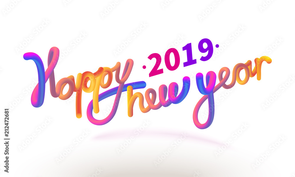 Stock vector illustration Happy New Year font with letters. Glossy orange paint letters. 3D-style render of bubble font with glint. Happy New Year 2019 Isolated on a white background EPS10