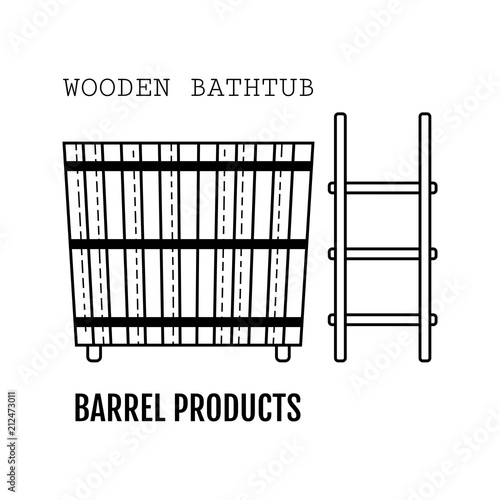 Wooden bathtub. Bucket made from wood. Flat icon for site, business.