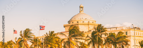 Puerto Rico San Juan Capital District Capitol building. USA travel cruise destination in Latin America. Street view of famous landmark marble dome in city near Old San Juan. Banner panorama.