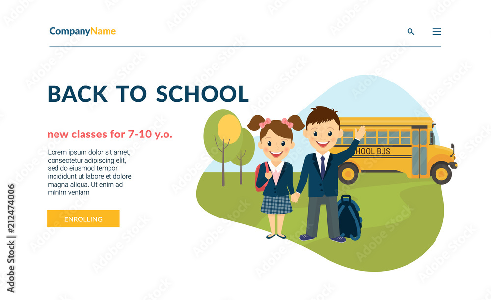 Back to school illustration of two happy pupils wearing uniform and bus behind them. Flat concept vector website template and landing page design of preschool classes and courses enrolling services Back to school illustration of two happy pupils wearing uniform and bus behind them. Flat concept vector website template and landing page design of preschool classes and courses enrolling services