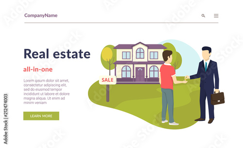 Realtor giving a home key chain to a confident male buyer. Flat concept vector website template and landing page design of succes deal, real estate and apartments invetments