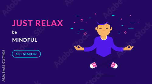 Calm yoga guru meditating over the floor. Flat vector neon illustration of calm guy with closed eyes doing meditation and relax to increase his concentration on positive things like guru of meditation