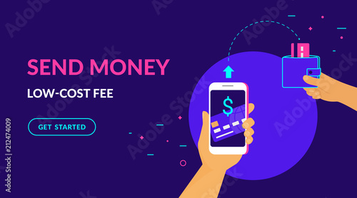 Send money low-cost fee flat vector neon illustration for ui ux web and mobile design with text and button. Man is sending money from credit card to his friend wallet via mobile app on smart phone