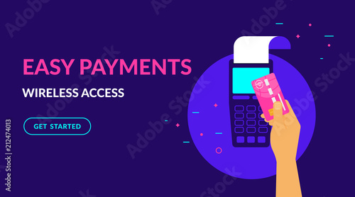 Pay by credit card wirelessly and easy flat vector neon illustration for ui ux web design with text and button. Illustration of wireless mobile payment by credit card via POS terminal.