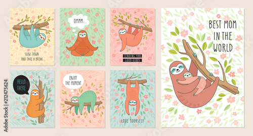 Set of cards with cute hand drawn sloths hanging on the tree. Lazy animal characters. © lumencre