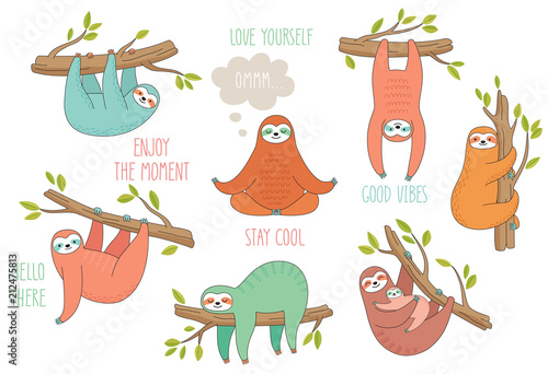 Set of cute hand drawn sloths hanging on the tree. Lazy animal characters.