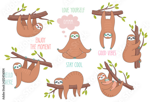 Set of cute hand drawn sloths hanging on the tree. Lazy animal characters.