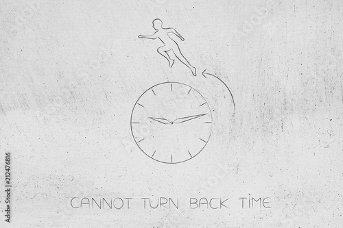 man trying to run backward on time with clock and arrow