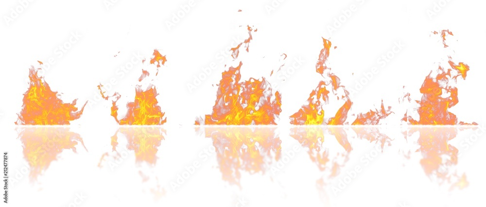 Obraz premium Real fire flames with reflection isolated on white background. Mockup on white of 5 flames.