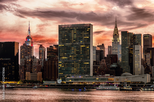 Manhattan skyline with reflections, NYC, USA.