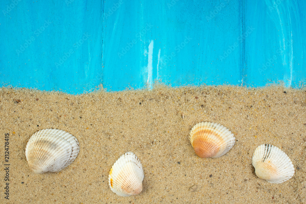 Sand, seashells, stones on blue background. Concept of rest. Top view. Sand, seashells, stones on blue background. Concept of rest. Top view.