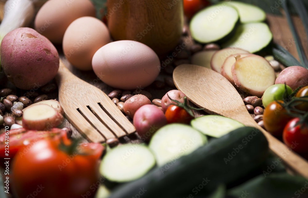 Food table with beans, eggs, tomato, potato and cucumber. Food table with beans, eggs, tomato, potato and cucumber.