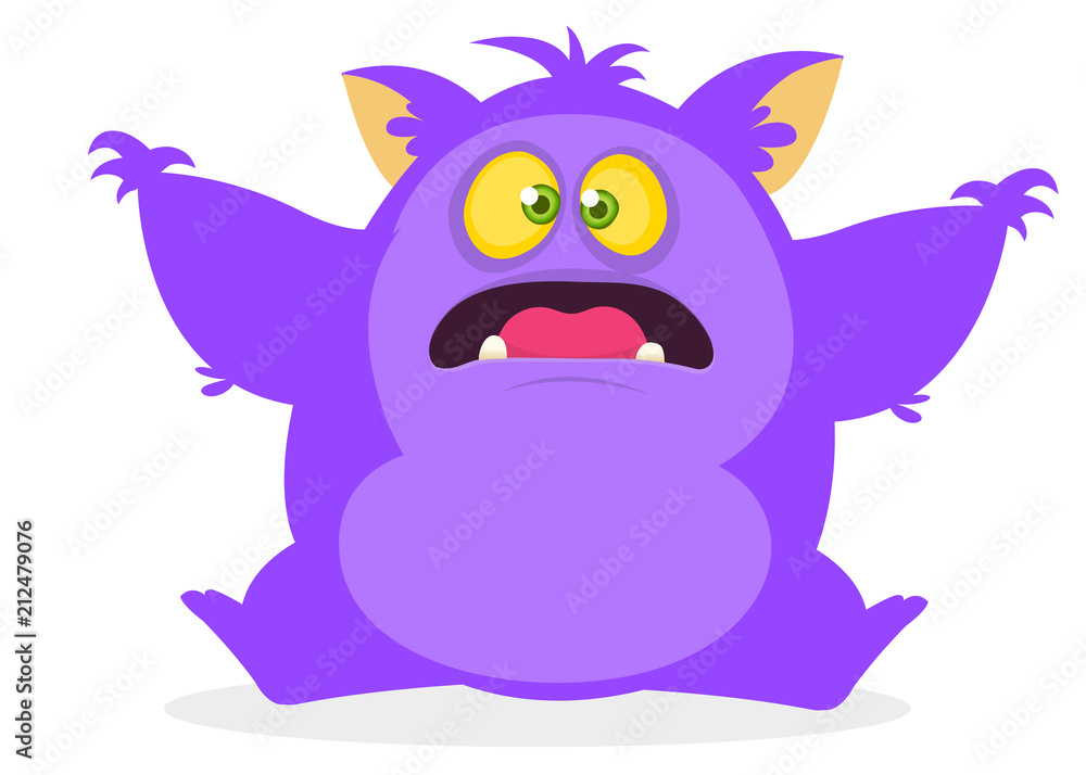 Cute cartoon yeti or bigfoot waving hands. Vector illustration of purple hairy monster. Halloween design Cute cartoon yeti or bigfoot waving hands. Vector illustration of purple hairy monster. Halloween design